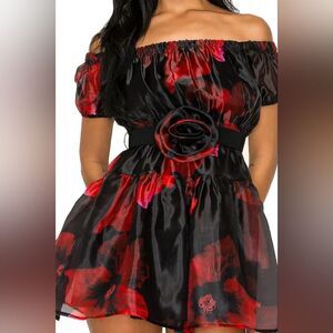 Black & Red Floral Organza Off Shoulder Belted Dress